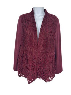 CHICO'S Burgundy Faux Suede Chenille Lace Peplum Jacket Women's Size 1 US M